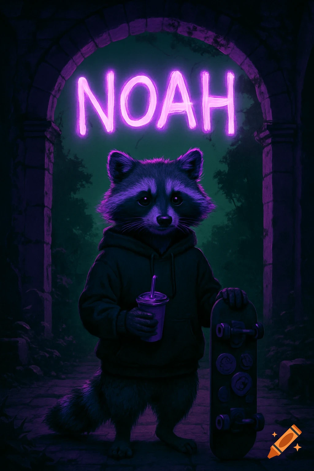 Digital art of a raccoon in a hoodie with a skateboard and drink under a purple neon "NOAH" sign in ruins.