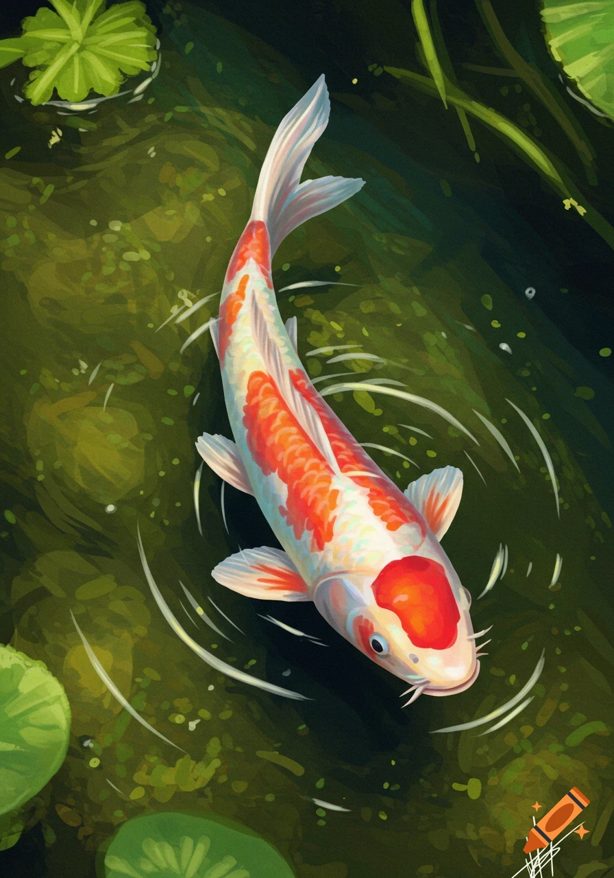 A koi fish swims in a green pond with lily pads, painted illustration style.