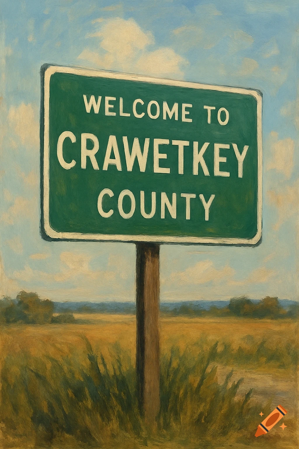 Painting of a green road sign in a field saying Welcome to Crawetkey County
