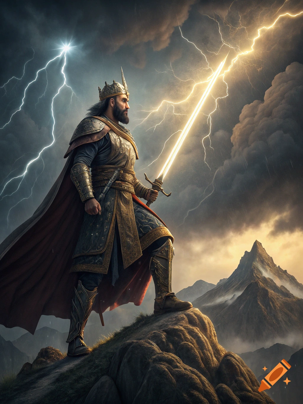 A Persian warrior king in ancient armor stands on a mountain peak, holding a glowing sword amidst a lightning storm.