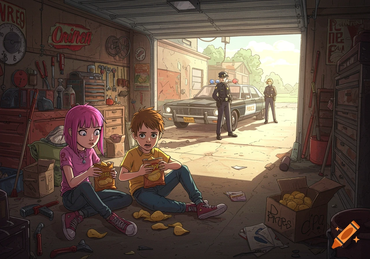Cartoon illustration of two kids sitting in a garage eating chips as police arrive in a car outside.