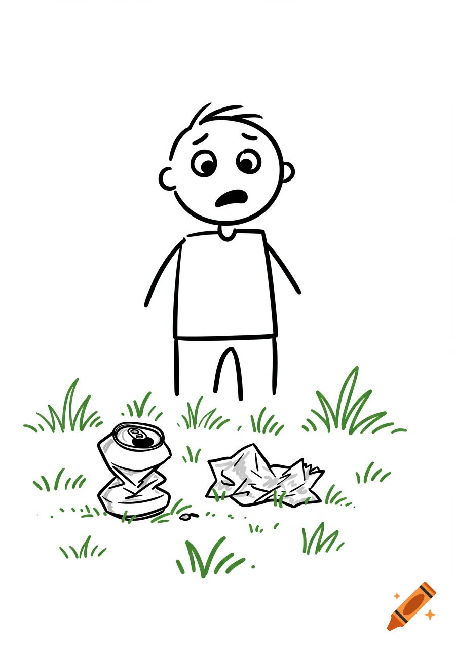 Childish stick figure drawing of a person looking sadly at litter (crumpled can, wrapper) on the grass.