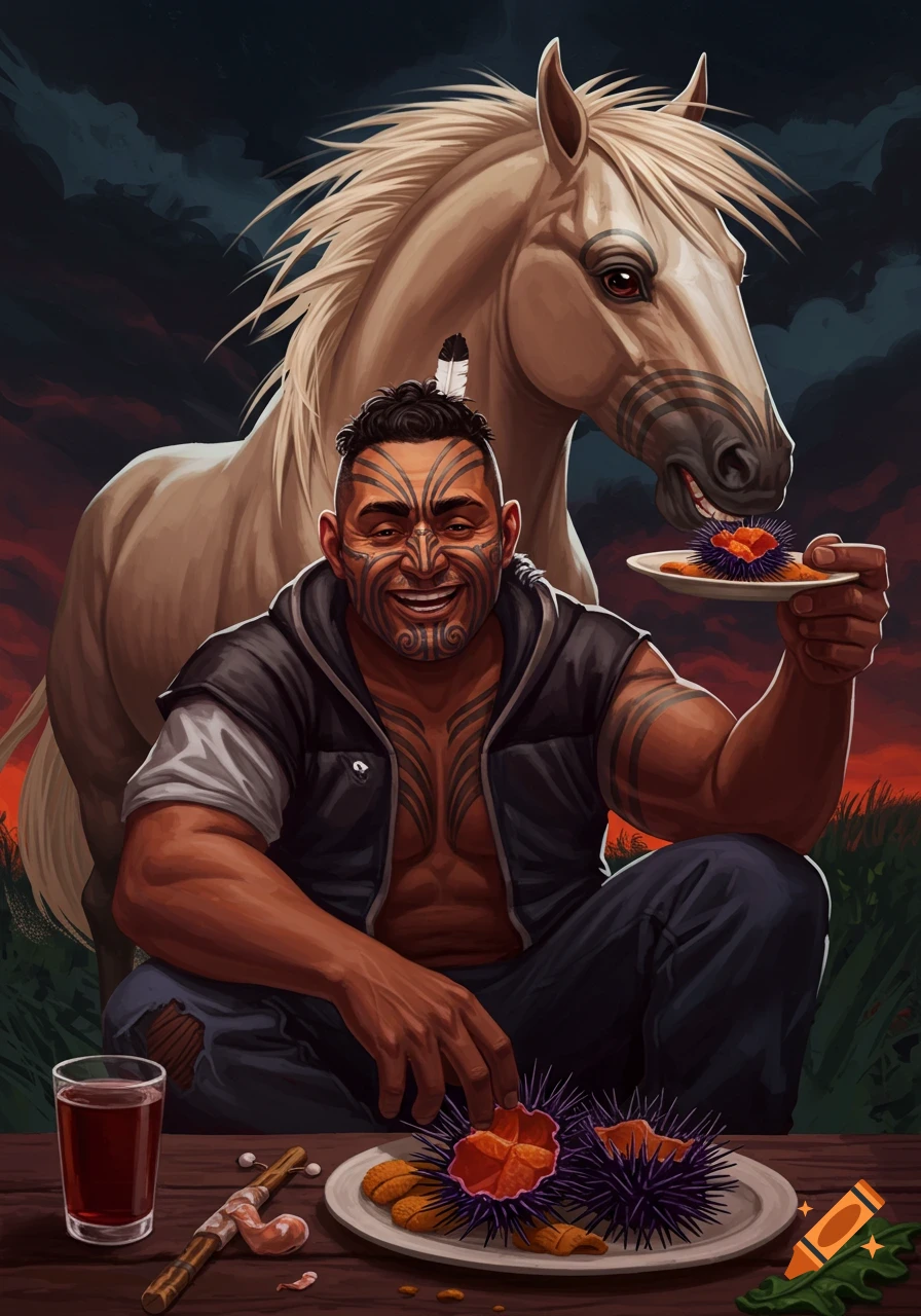 Digital painting of a man with Maori tattoos and a horse eating sea urchins at a table.