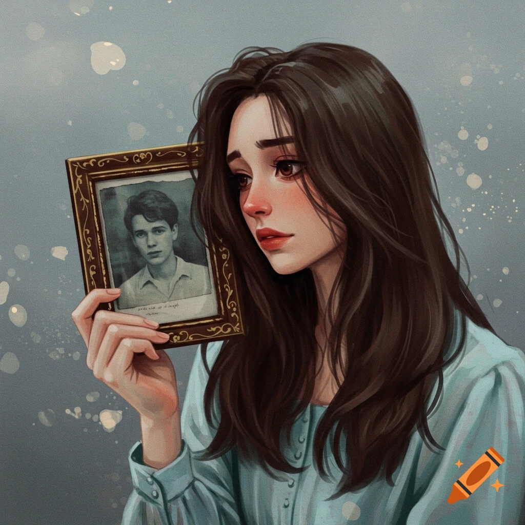 Illustration of a sad woman holding a framed photo of a man.