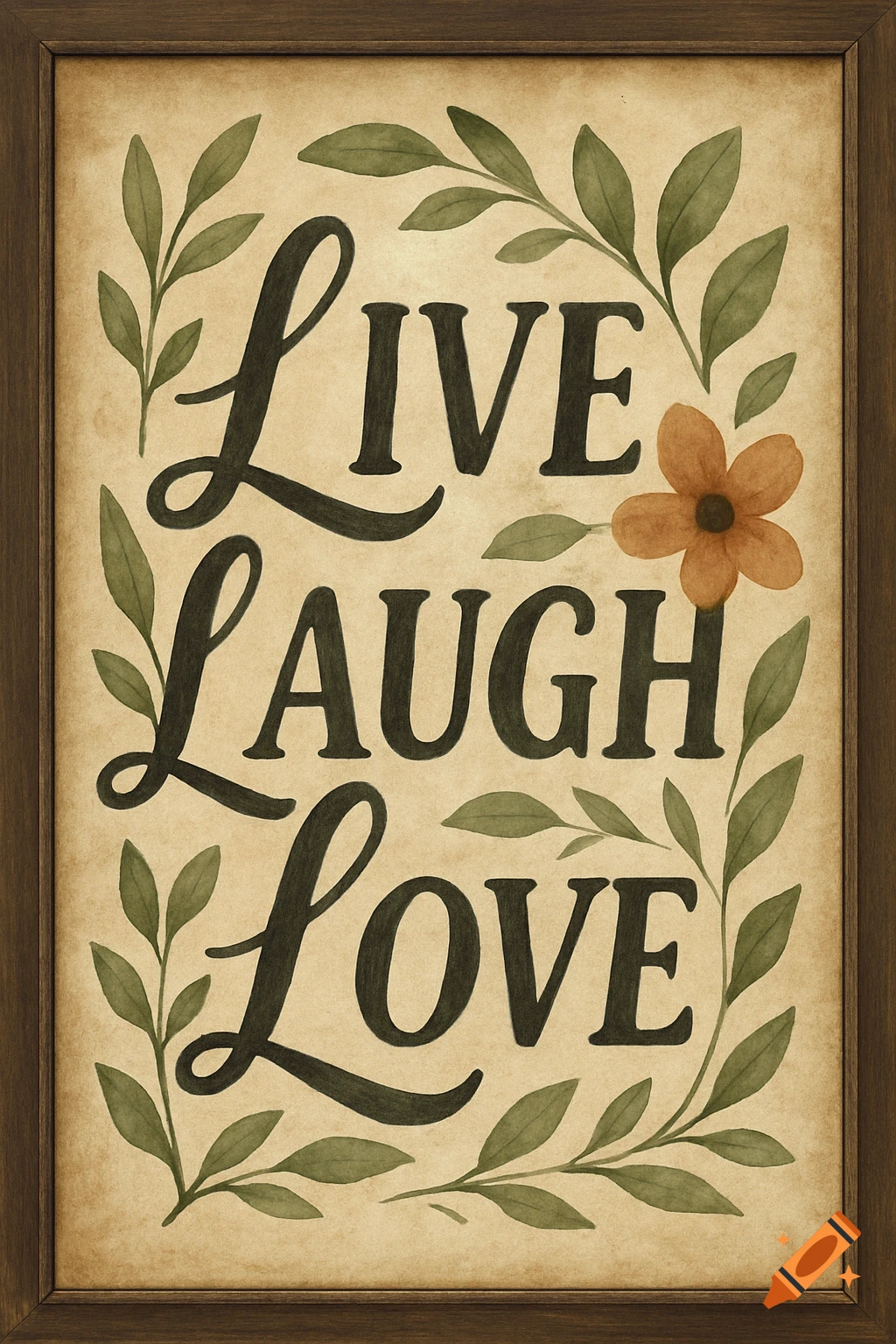 Framed art print with 'LIVE LAUGH LOVE' text surrounded by green leaves and an orange flower in a rustic style.