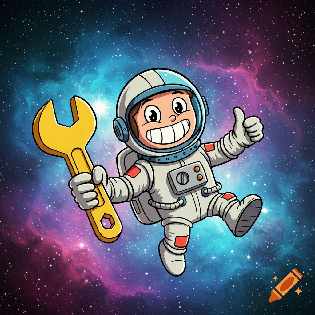 A cartoon astronaut in space holding a wrench and giving a thumbs up.