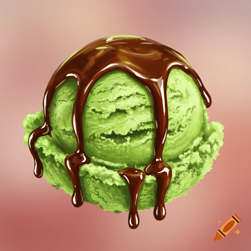 A scoop of green ice cream covered in dripping chocolate syrup.