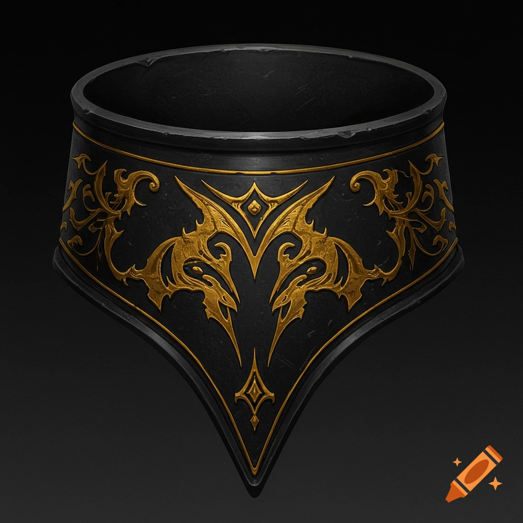 A black metal collar with intricate gold fantasy etching.