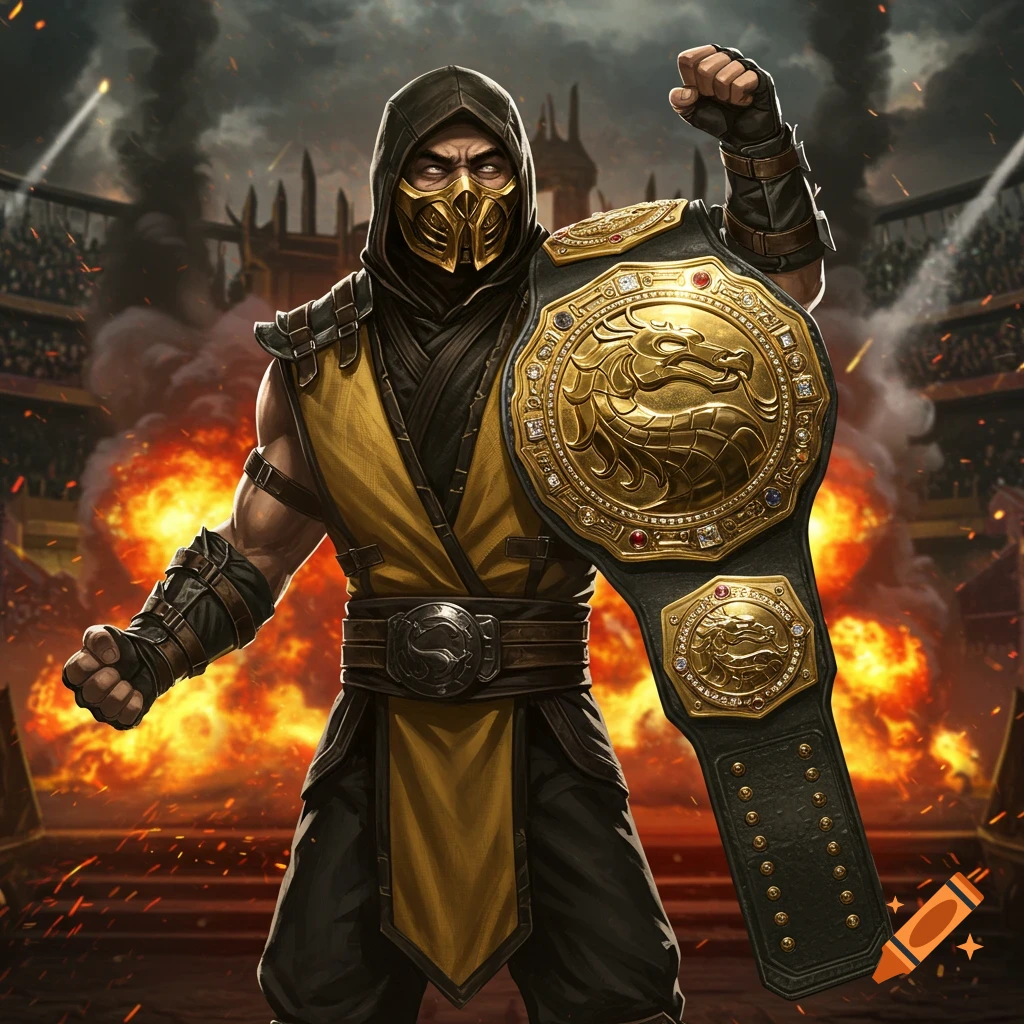 Scorpion from Mortal Kombat holding a gold championship belt in a fighting arena with explosions.