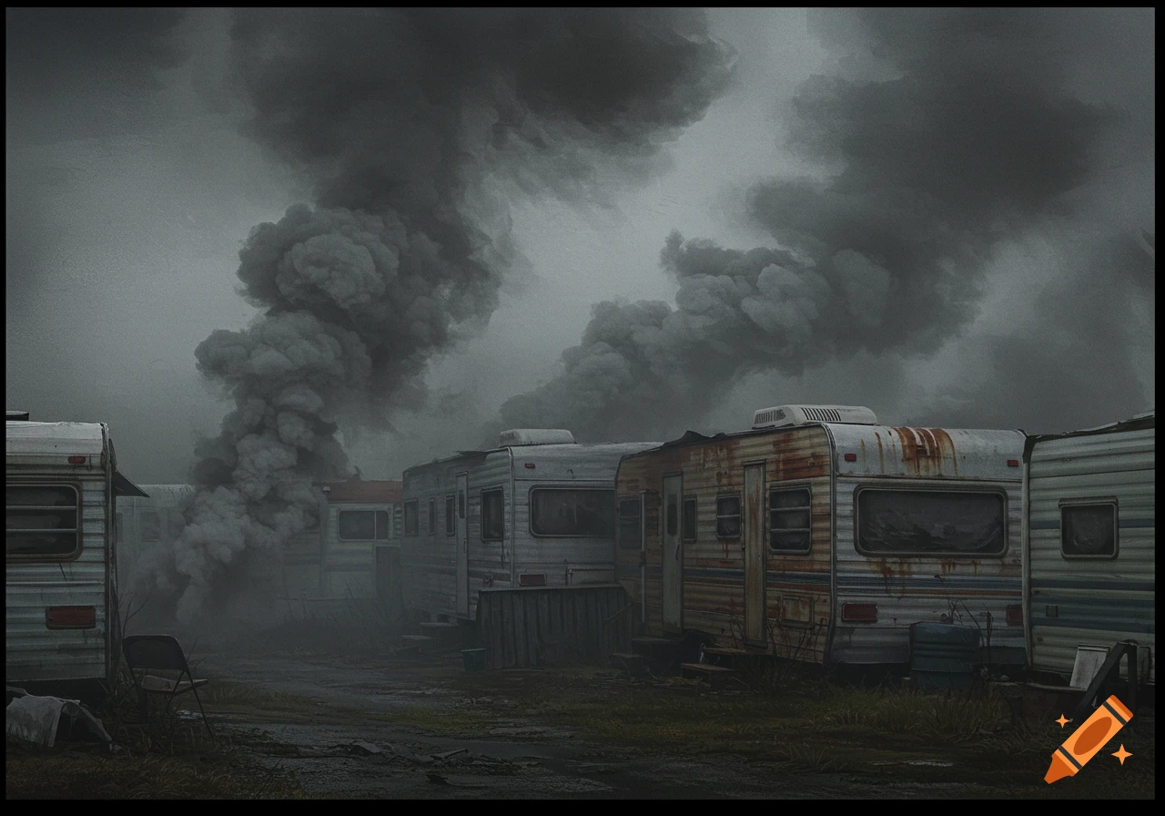A grim, smoky scene of a neglected trailer park with dark plumes of smoke rising.