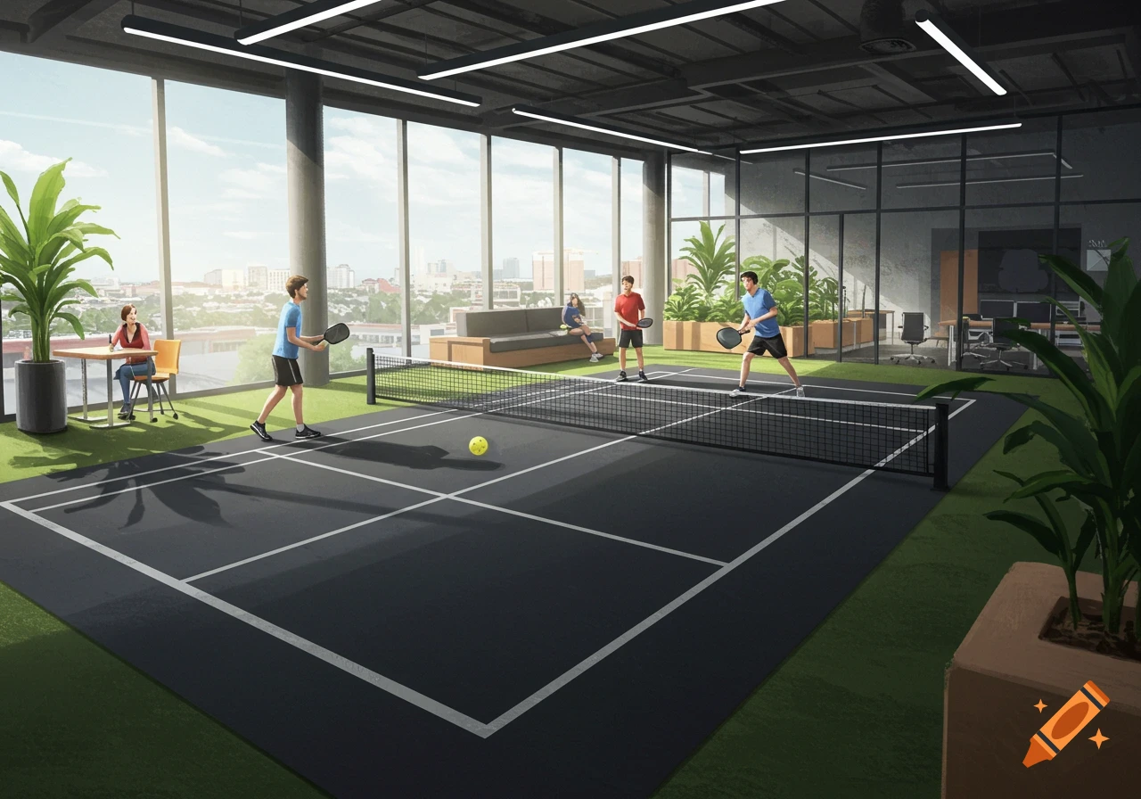 People play pickleball on a court in a modern office with large windows