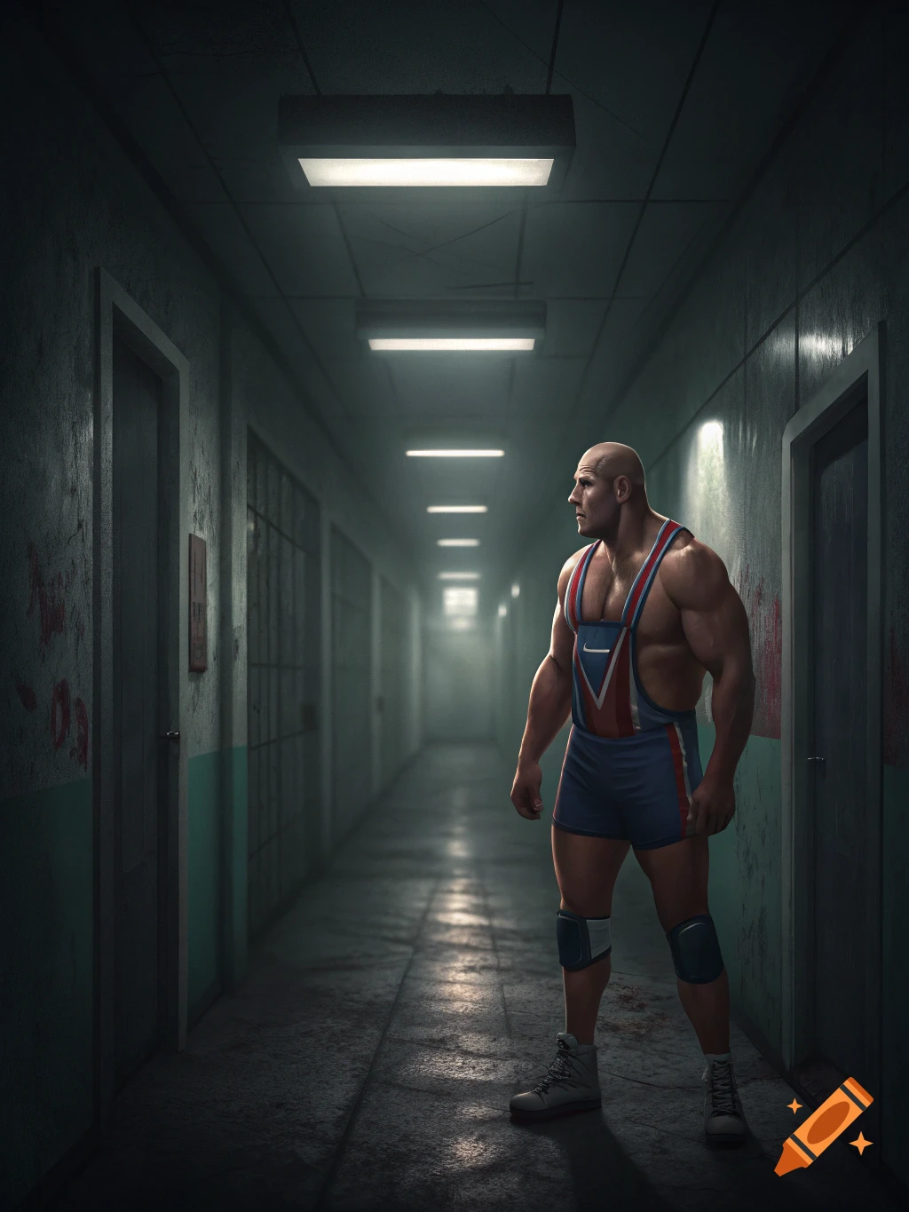 A muscular man in a wrestling singlet stands in a dark, creepy corridor.