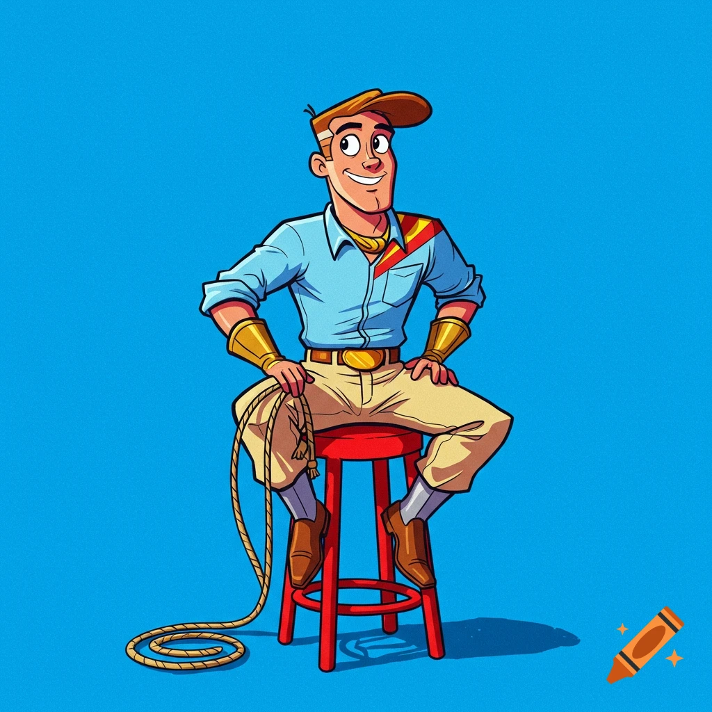 Cartoon man in adventurer clothing sits on a red stool holding a lasso