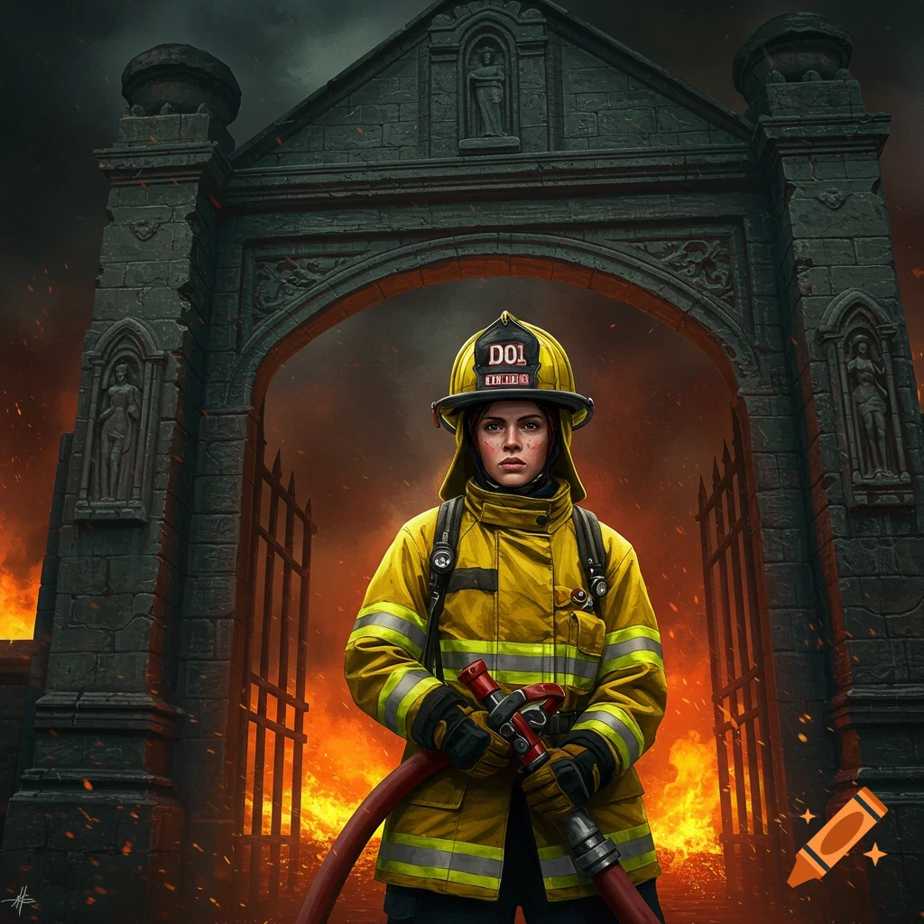 Firefighter stands with a hose in front of a stone gateway engulfed in flames