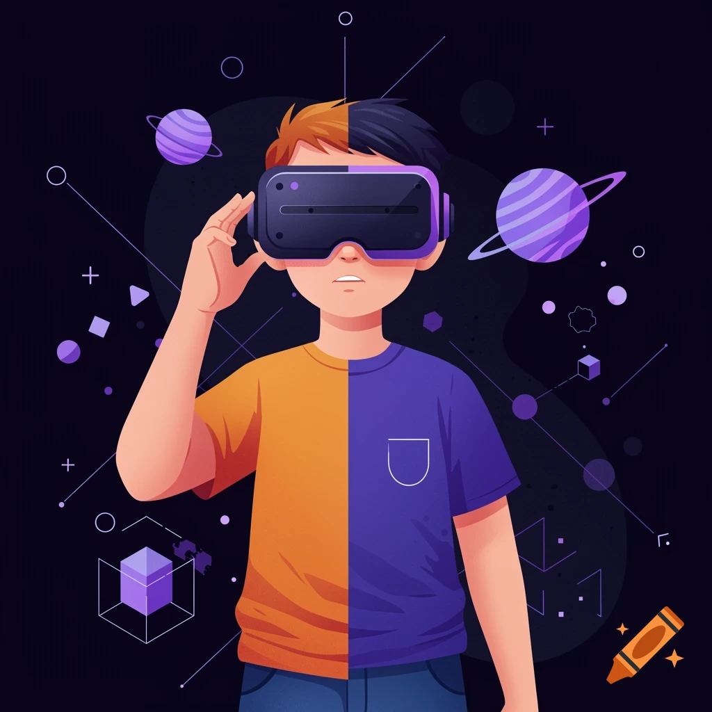 Vector illustration of a boy wearing a VR headset, surrounded by planets and geometric shapes on a dark background.