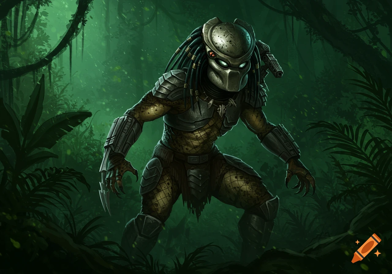A detailed illustration of a Predator creature standing in a dark jungle.