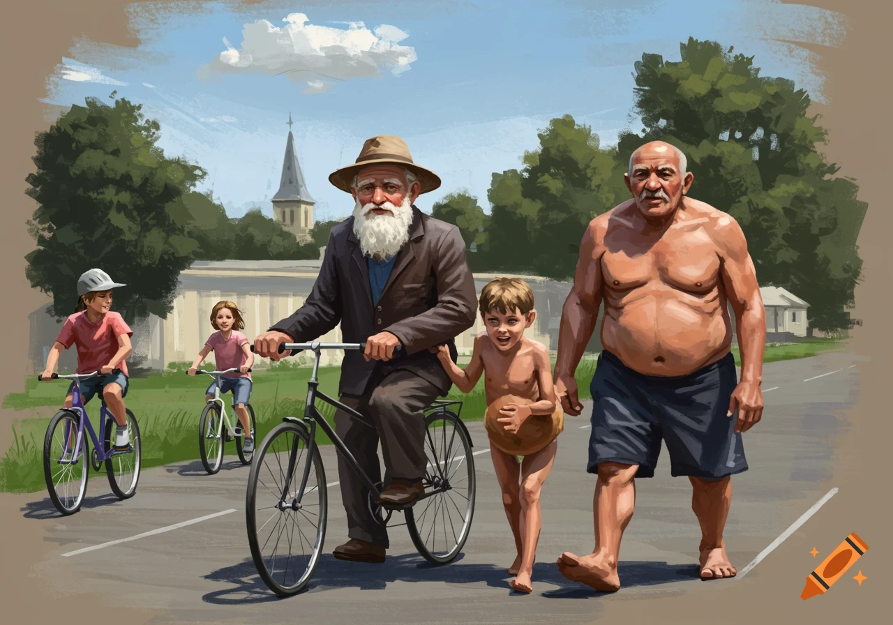 Painted illustration of an old man on a bike, a shirtless man and boy walking, and two children on bikes on a road.