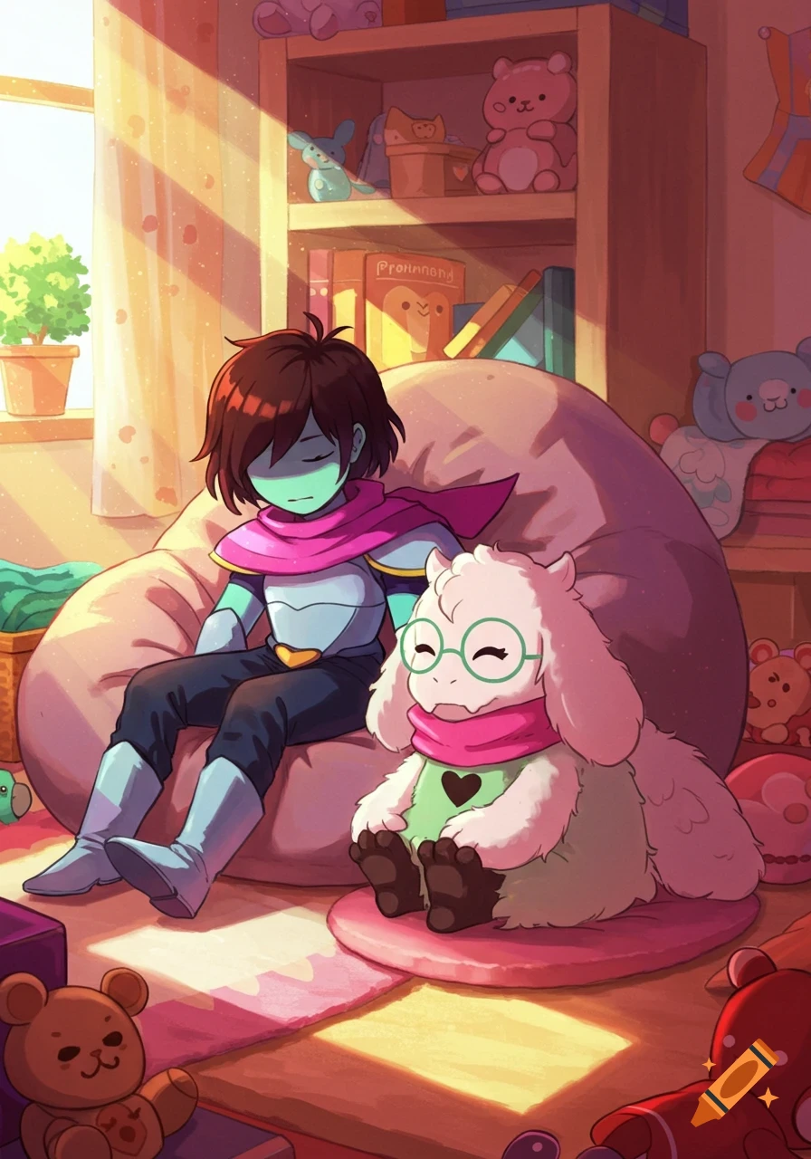 Illustration of Kris and Ralsei from Deltarune sitting on a beanbag in a cozy, sunlit room with toys.
