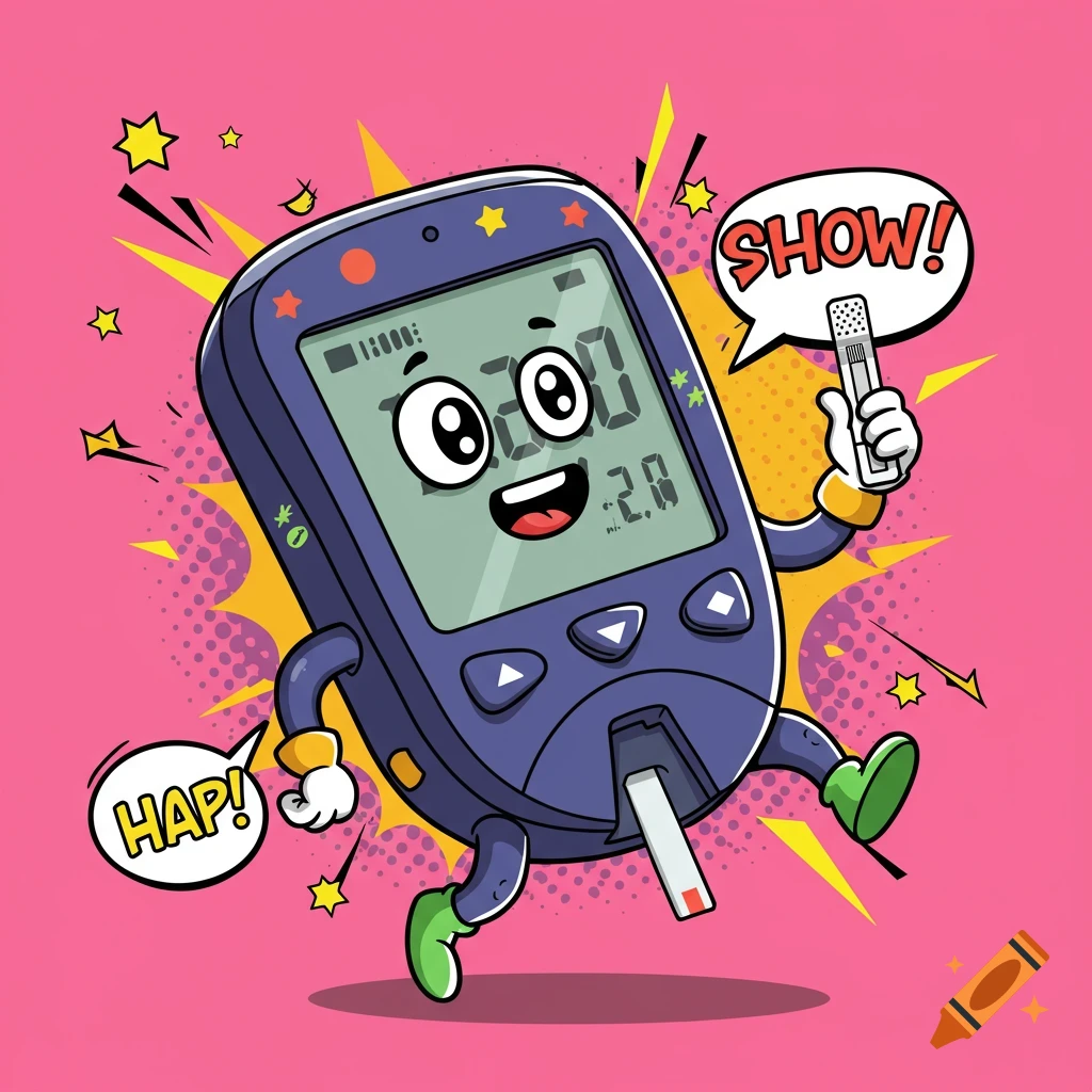 Cartoon glucose monitor character in a pop art style, holding a test strip, with speech bubbles 'SHOW!' and 'HAP!'