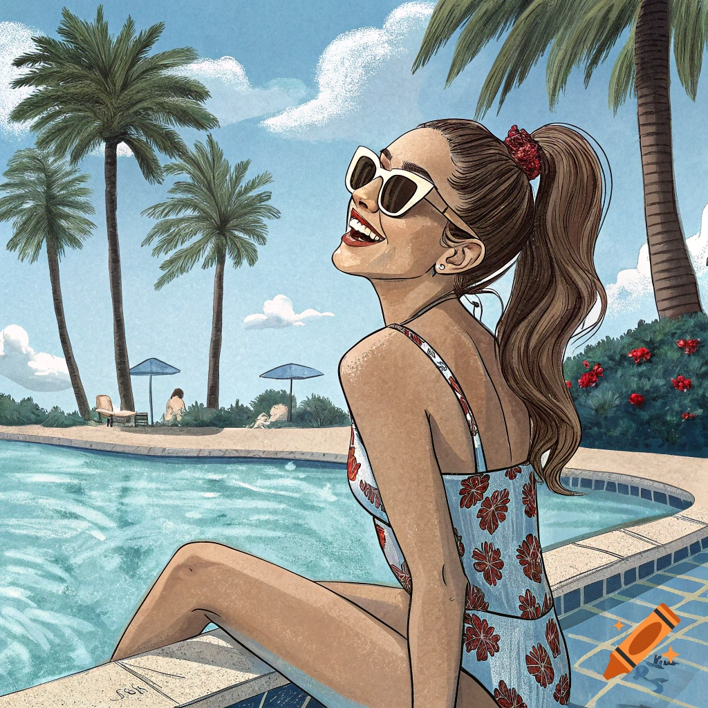 Illustration of a woman sitting by a pool with palm trees.