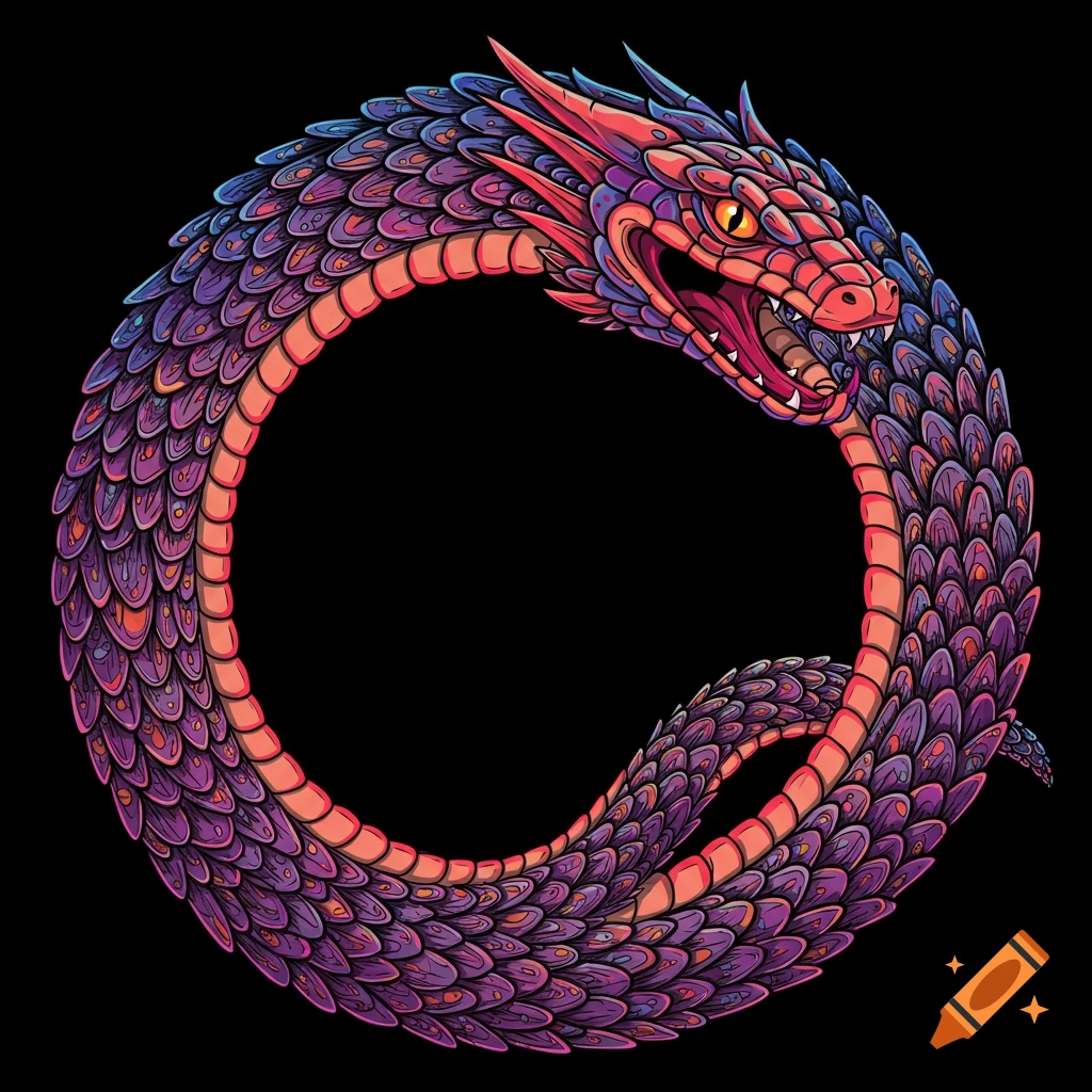 A vibrant purple and red ouroboros serpent bites its own tail in a vector illustration style on a black background.