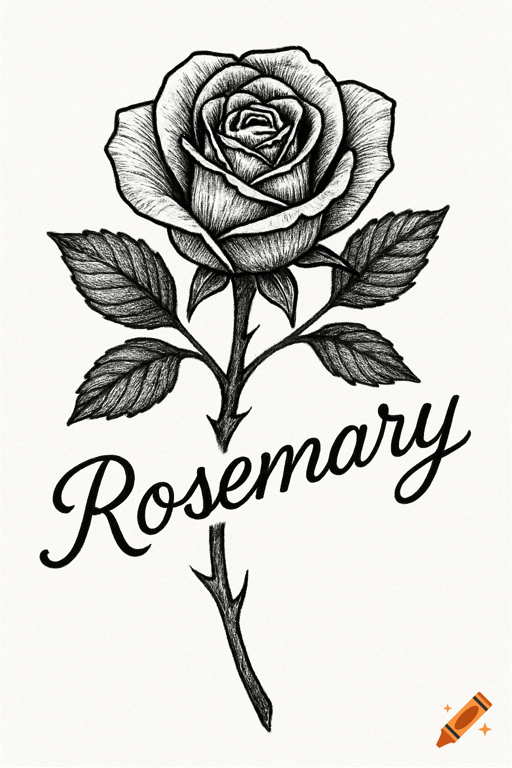 Black and white drawing of a rose with 'Rosemary' in cursive on the stem.