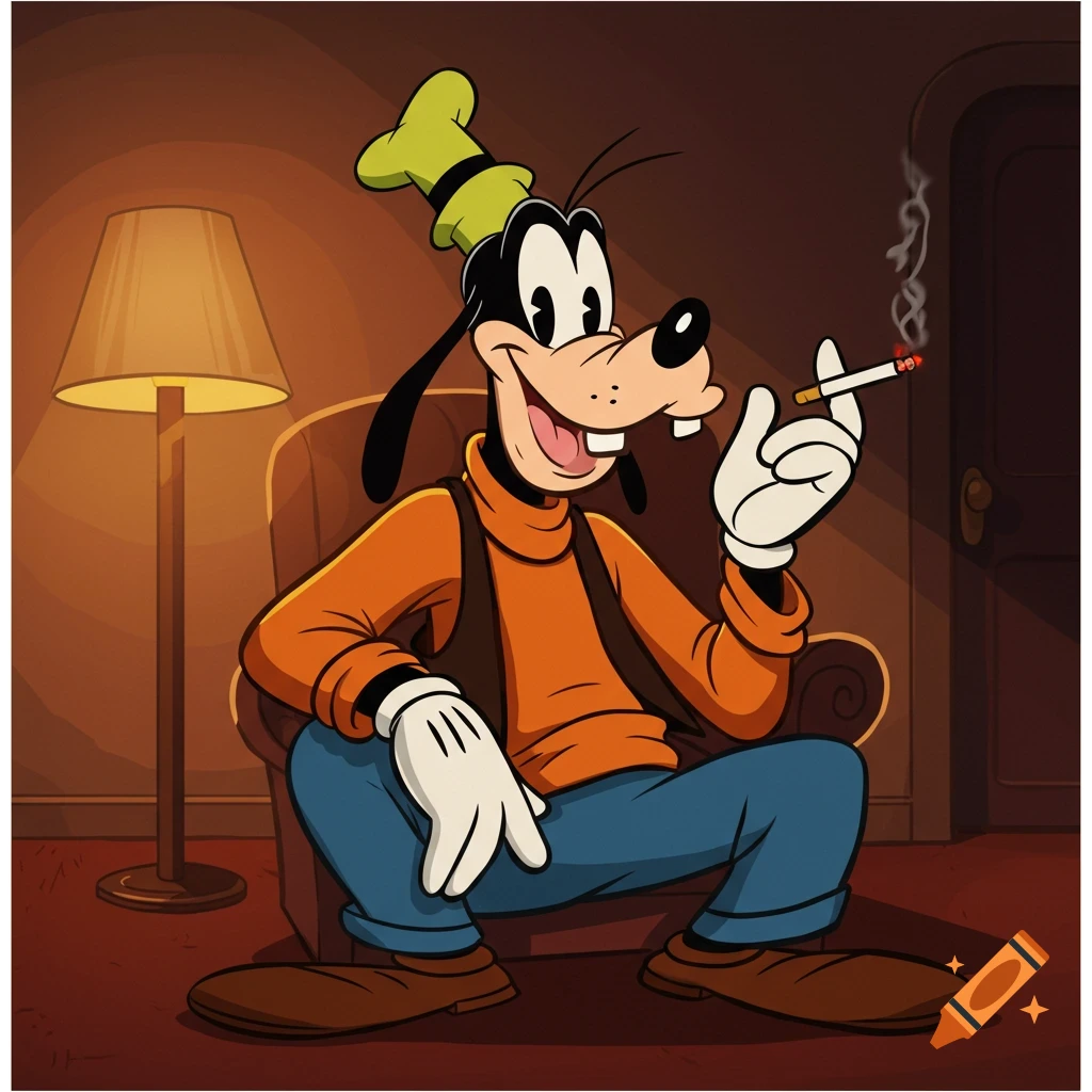 Goofy from Goof Troop sits in a chair, smoking a cigarette.