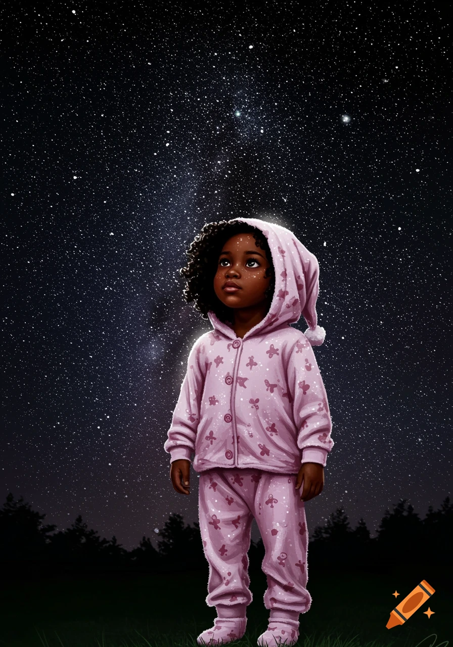 A little Black girl in pink pajamas looks up at a sky full of stars at night.