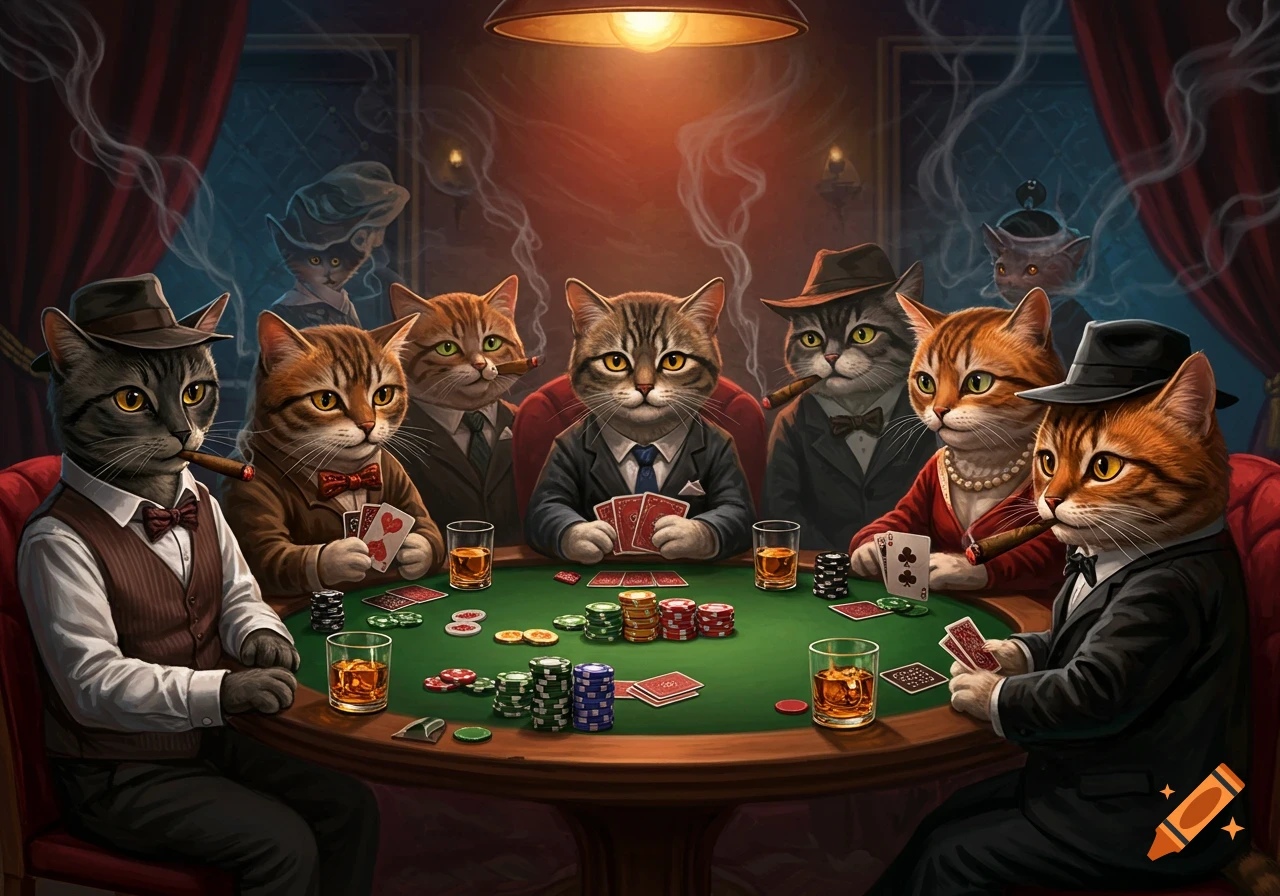 Anthropomorphic cats play poker and smoke cigars in a dimly lit room.