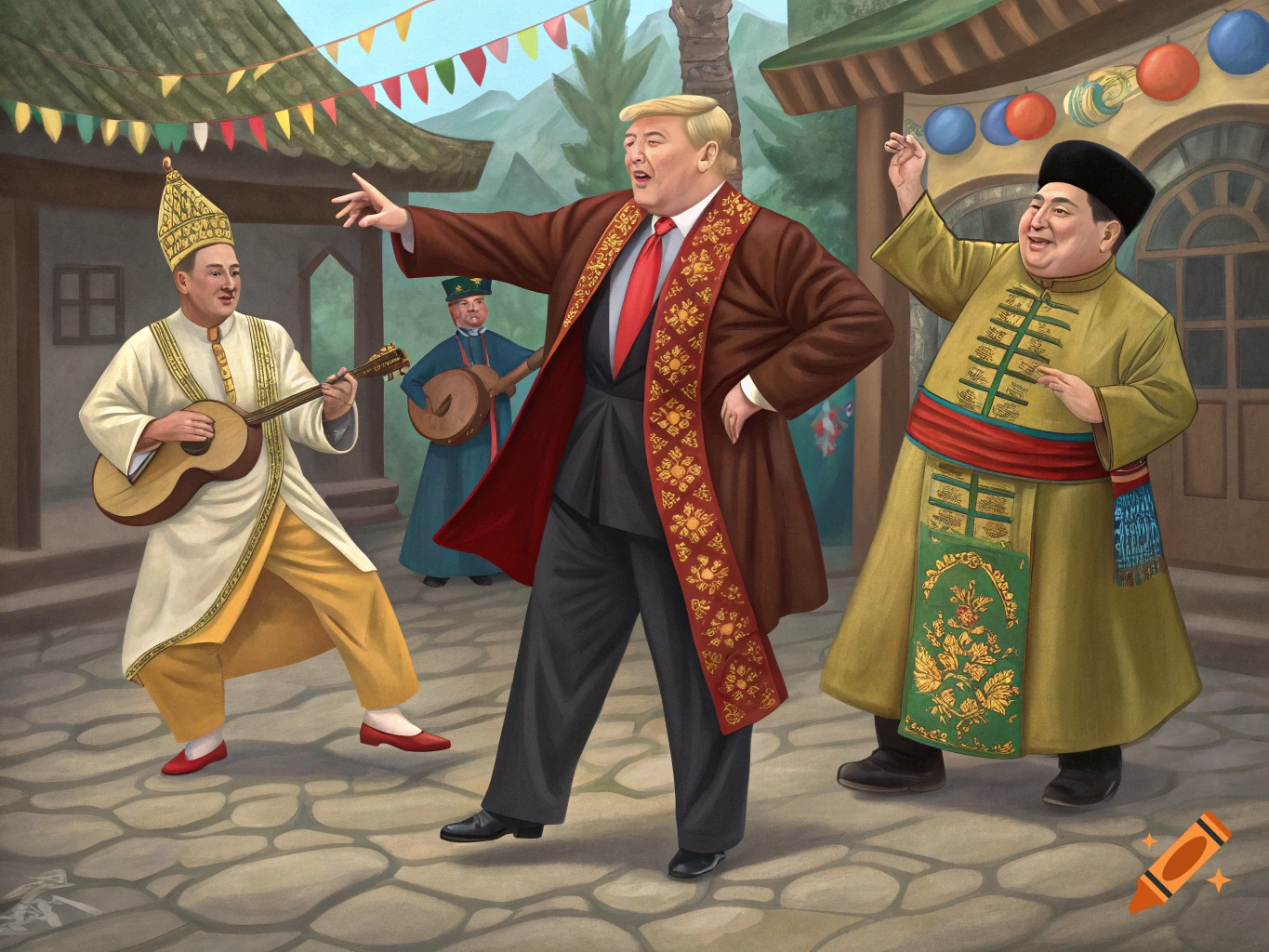 Painting of Donald Trump, Vladimir Putin, and Kim Jong Un in traditional attire dancing.