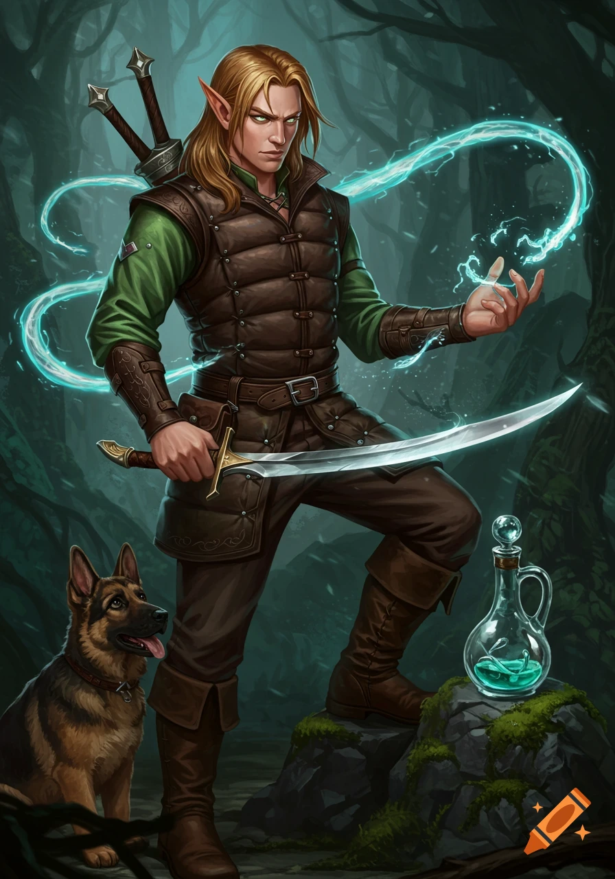 Fantasy illustration of a male elf with a dog, sword, magic energy, and a decanter in a forest.