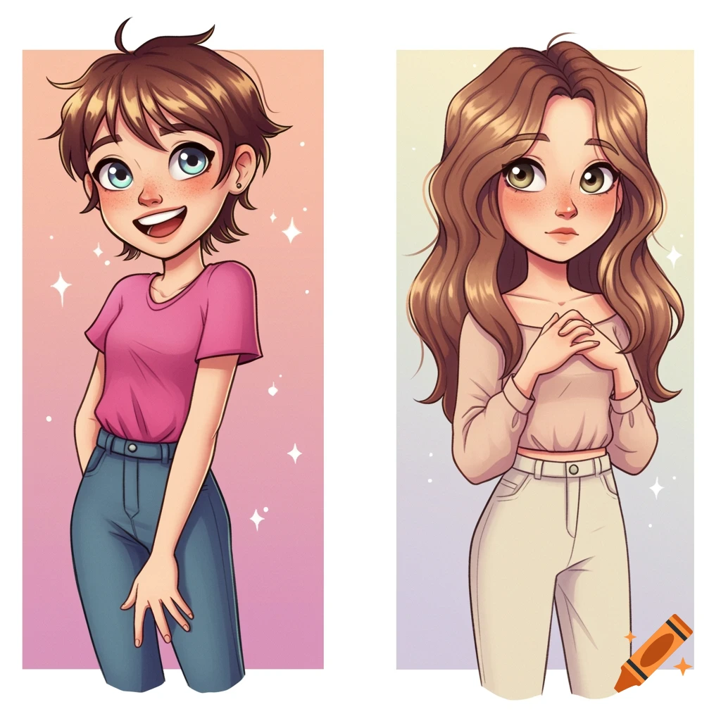 Cartoon illustration of two girls, one with short brown hair and one with long brown hair.