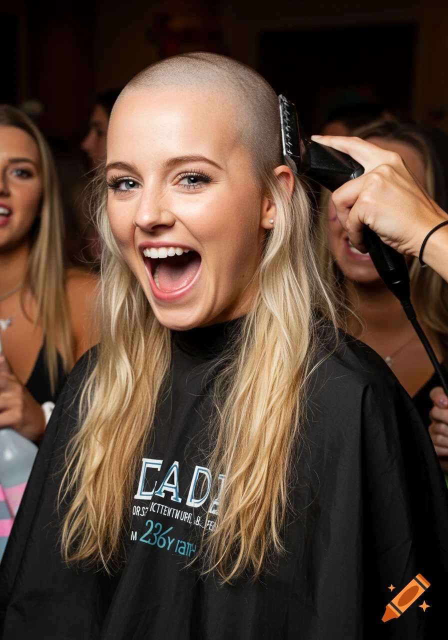 Young woman smiling widely while someone shaves her head bald with clippers.