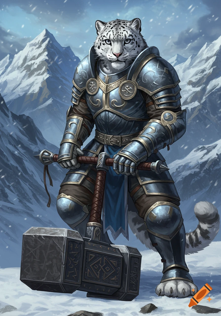 An anthropomorphic snow leopard in ornate armor kneels in snowy mountains, holding a large war hammer.