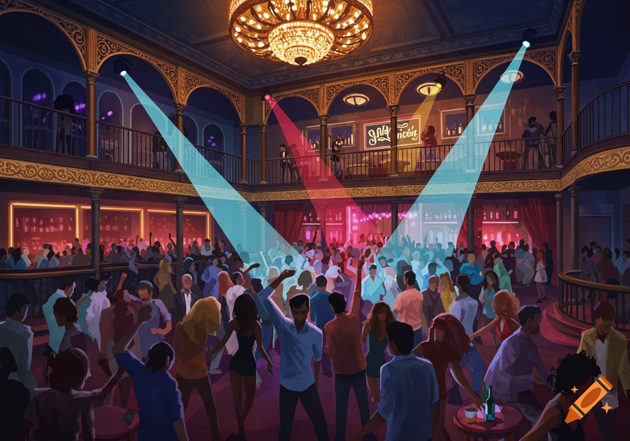 Crowded nightclub with people dancing under spotlights.