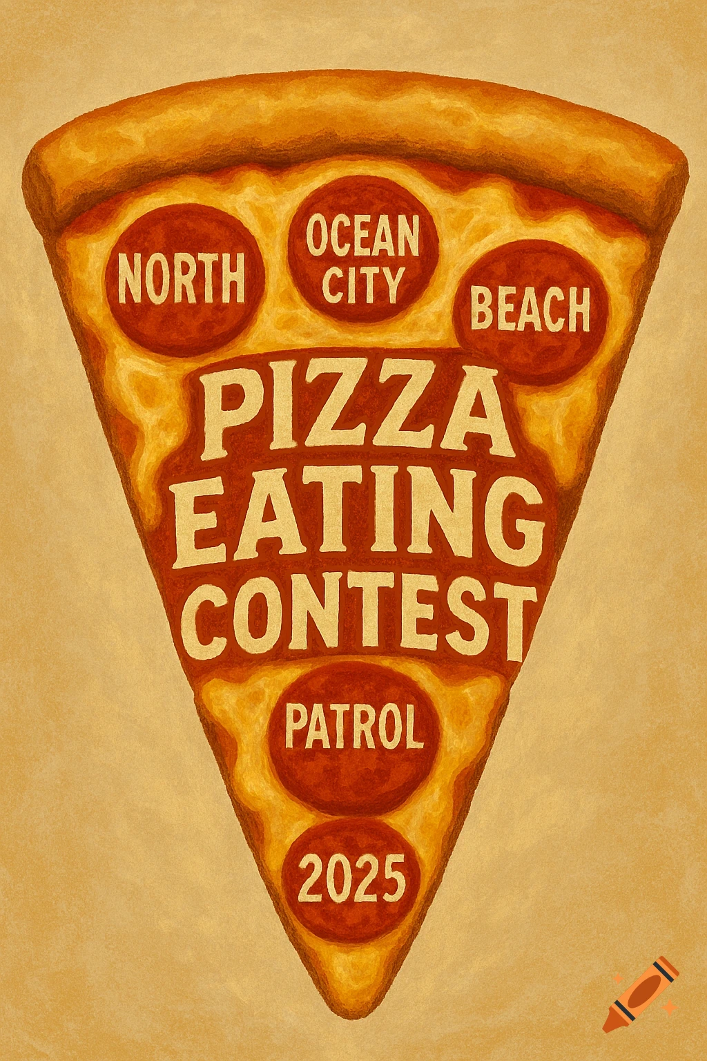 A slice of pizza with text on the pepperoni and cheese: 'NORTH OCEAN CITY BEACH PATROL PIZZA EATING CONTEST 2025'.