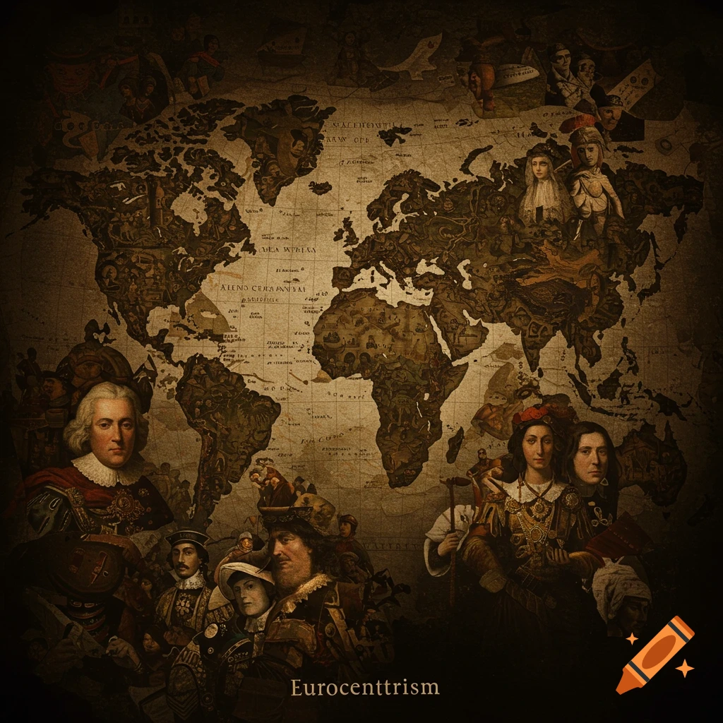Historical figures and a world map in an old painting style with the text Eurocenttrism.