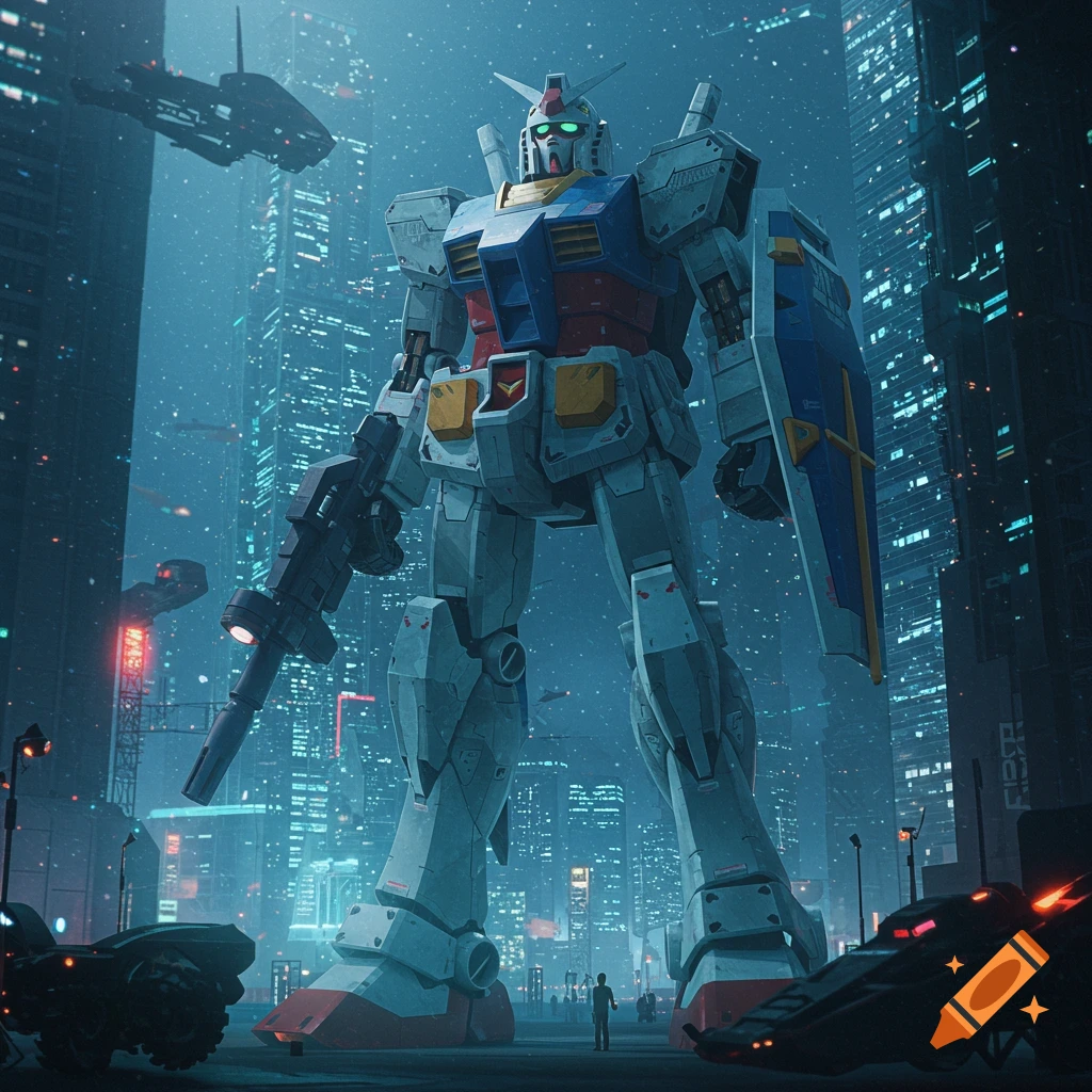 A large Gundam robot stands in a futuristic cyberpunk city at night, snow falling around it.
