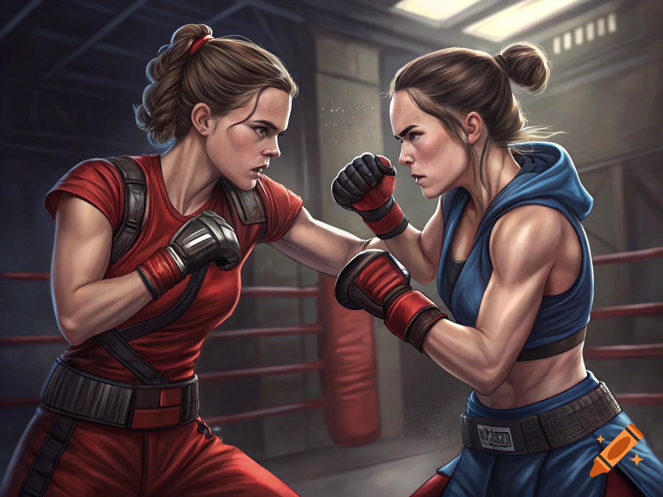 Two women box in a gym, wearing red and blue gear. Realistic illustration style.