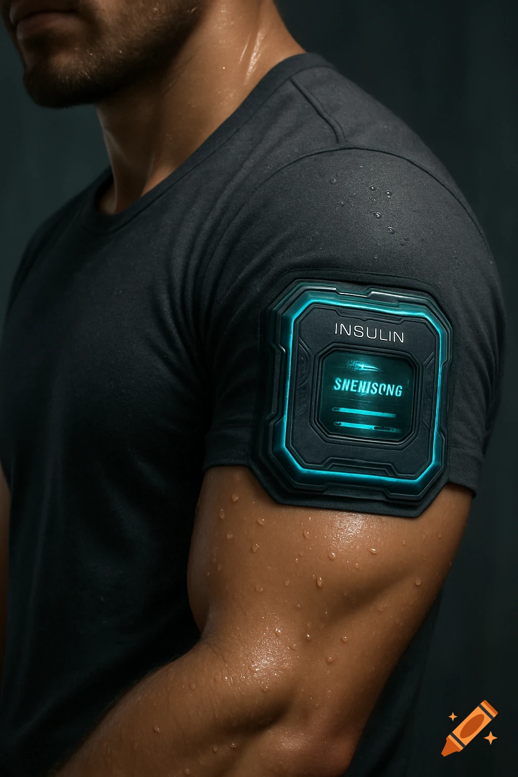 Close-up of a sweaty man's arm wearing a futuristic insulin patch.