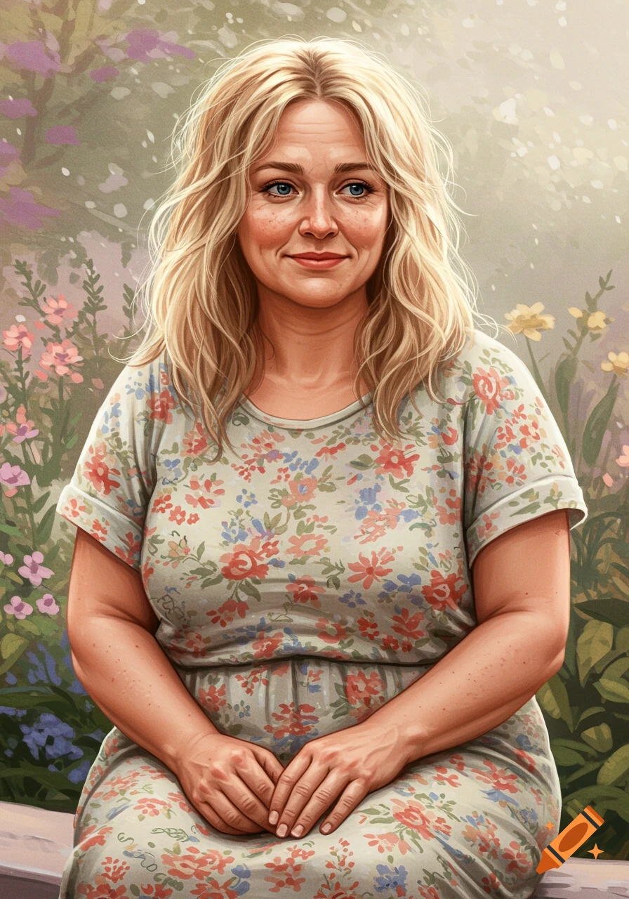 Painting of a middle-aged woman with blonde hair in a floral dress sitting in a garden