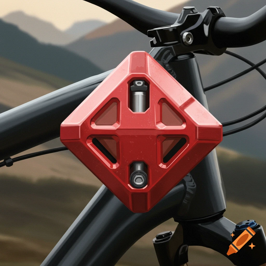 Close-up of a red diamond-shaped suspension on a mountain bike handlebar with a blurry mountain background.