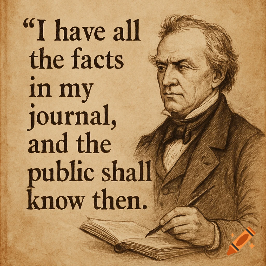 Sketch portrait of a man writing in a journal next to a quote.