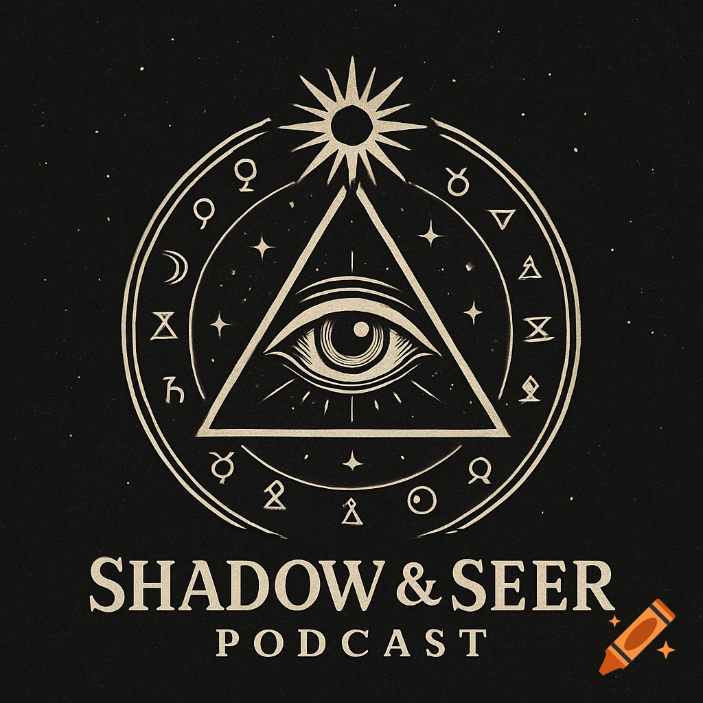 Occult-style logo with an eye in a triangle surrounded by celestial and alchemical symbols, text reads "Shadow & Seer Podcast" on a dark background.