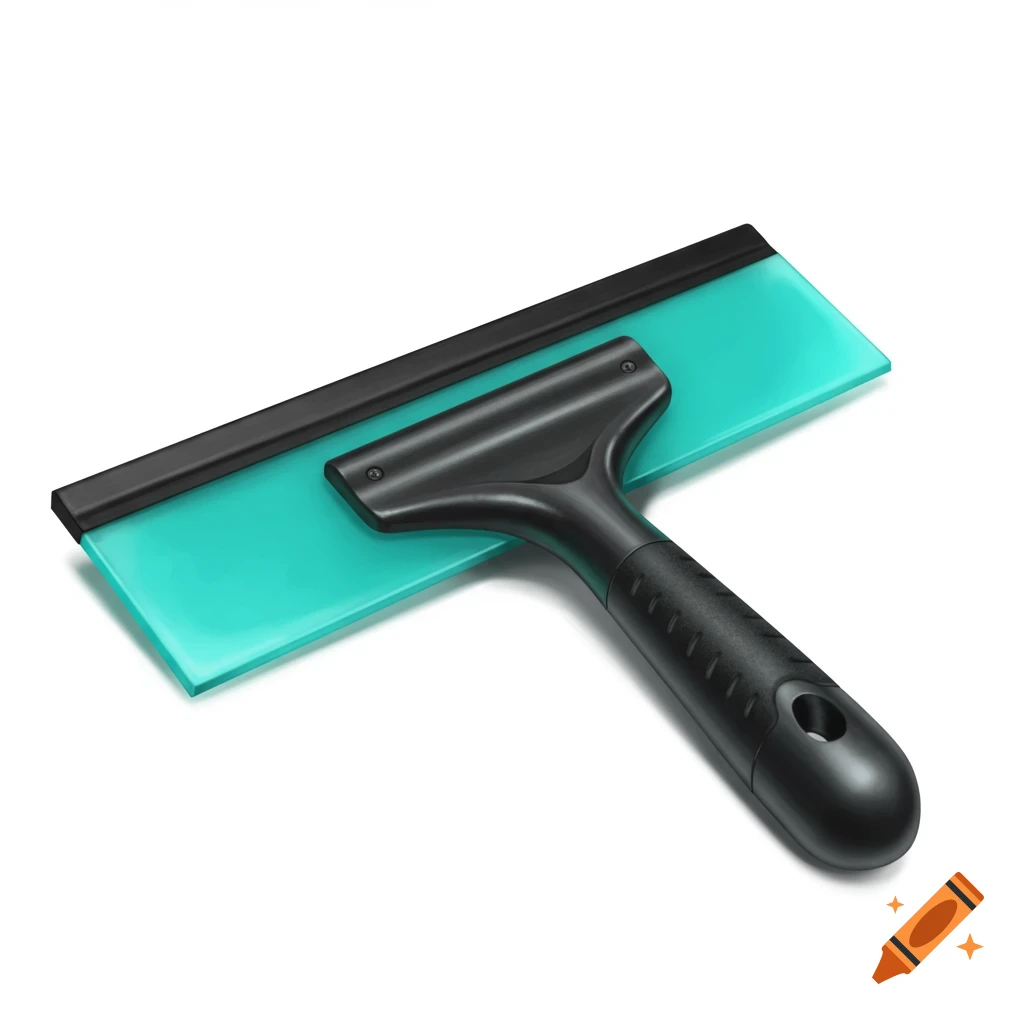 A squeegee with a black handle and a teal blade.