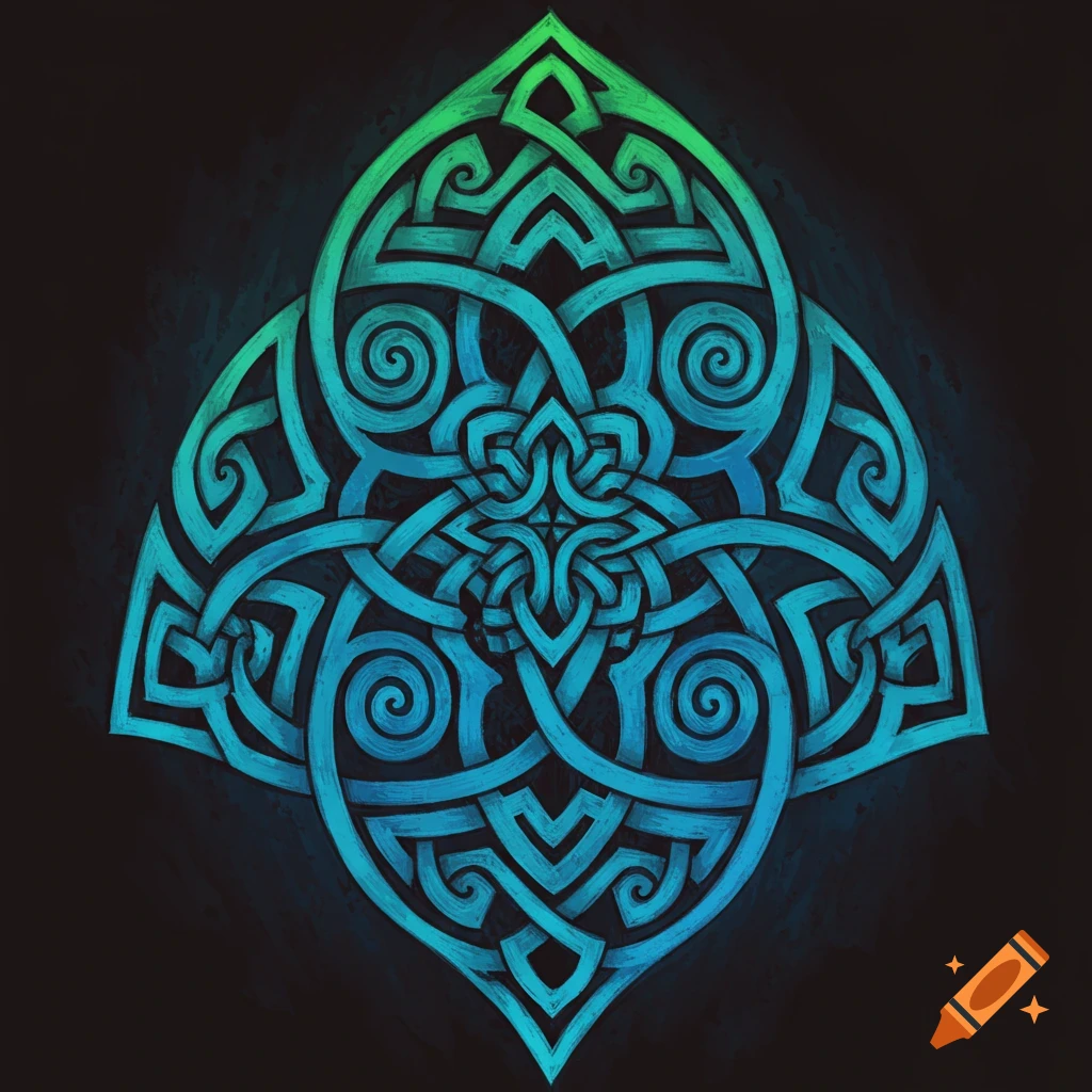 Green and blue Celtic knot pattern on a dark background.
