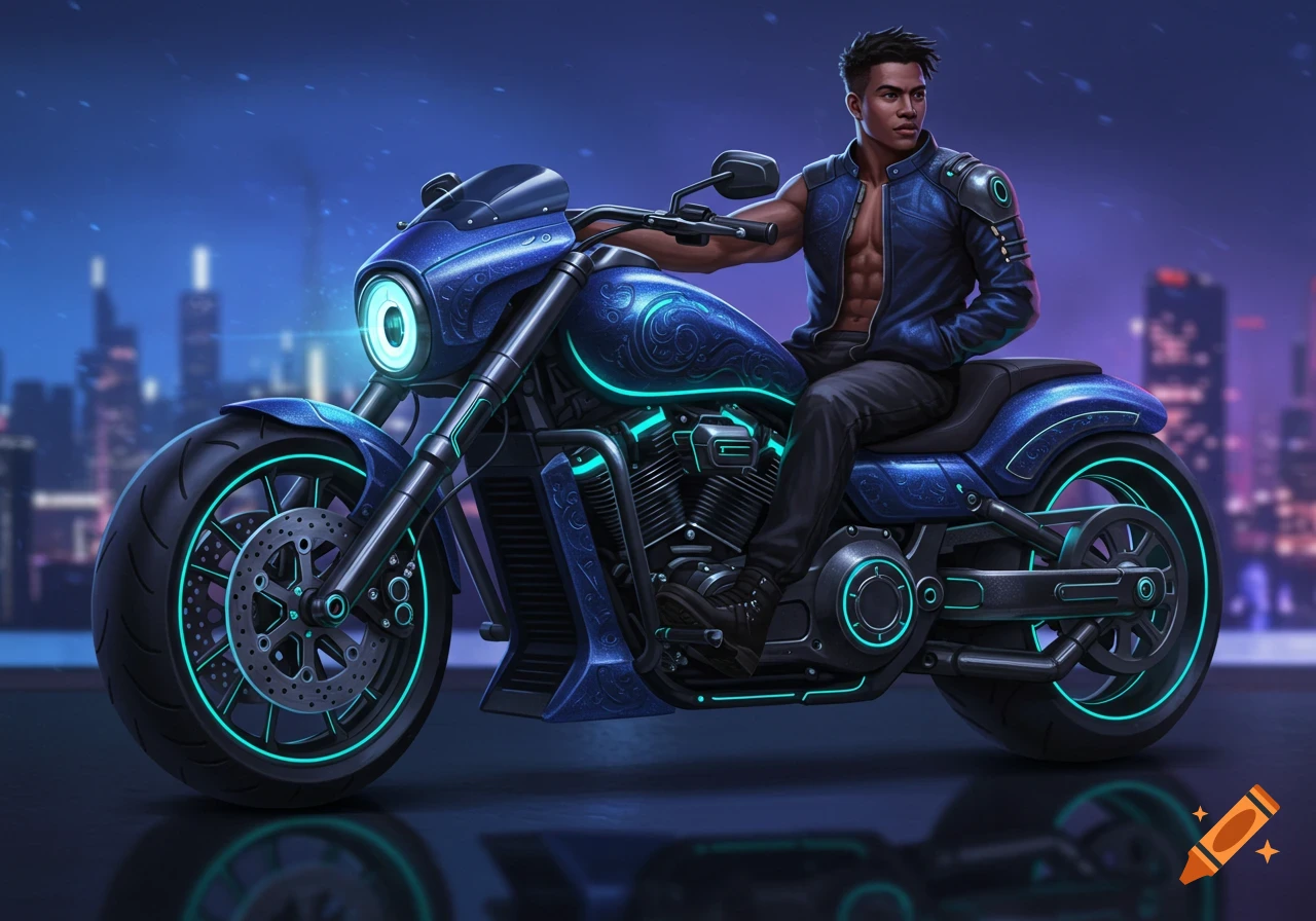 A man on a futuristic blue motorcycle with neon accents against a city skyline at night, digital art.