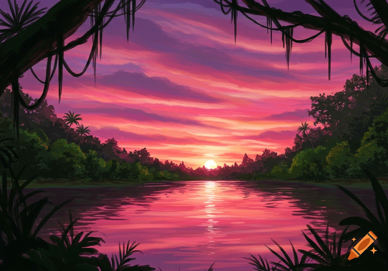 Pink and purple sunset reflects on a jungle river framed by vines in a drawing style.