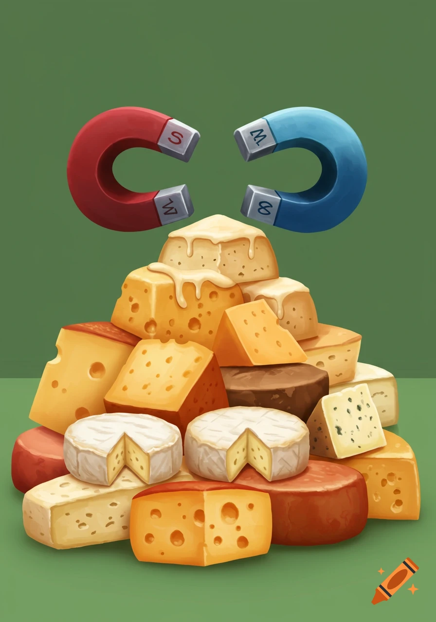 Illustration of a pile of various cheeses with two magnets hovering above them.