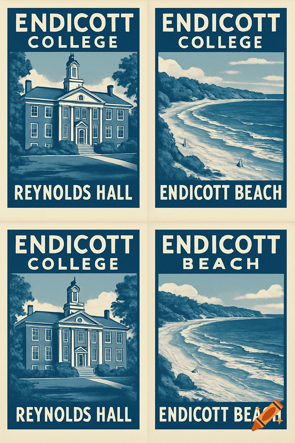 Four vintage-style blue and white posters showing a college building and a beach.